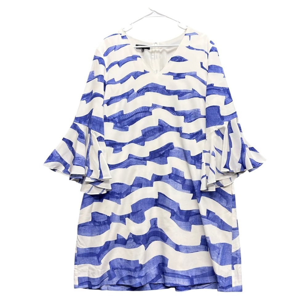 Lafayette 148 New York Silk Abstract Wave Print Bell Sleeve Shift Dress XL Blue